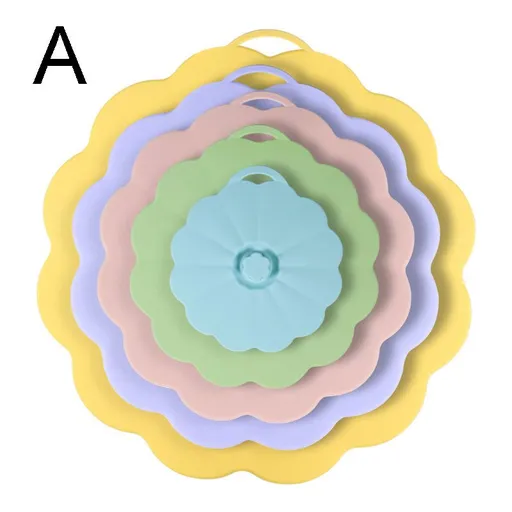 Food-Grade Silicone Stretchable Sealing Lids Set of 5 – Leak-Proof Reusable Covers for Bowls, Cups, Plates & Pots, BPA-Free, Heat Resistant to 230°C, Airtight Kitchen Freshness Keepers in Pastel Colors with Flower Knob (MultiColor A)