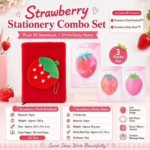 Fruit-Shaped Office Supplies Set-3 packs Strawberry Shaped Sticky Notes and A5 Plush Notebook with Strawberry Shaped Detachable Coin Purse - Cute Memo Pads for Journaling Office School Gift Ready