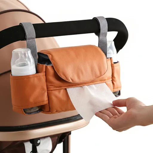 Universal Stroller Organizer Bag with Front Tissue Dispenser, Bottle Holders & Large Storage – Perfect for Daily Outings with Baby (Orange)