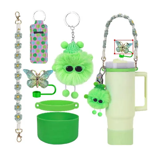 6pcs Cute Accessories Set for 20/30/40oz Tumbler Stanley Cup, Water Bottle Handle Strap, Siliocne Straw Cover and Plush Charms for Girls