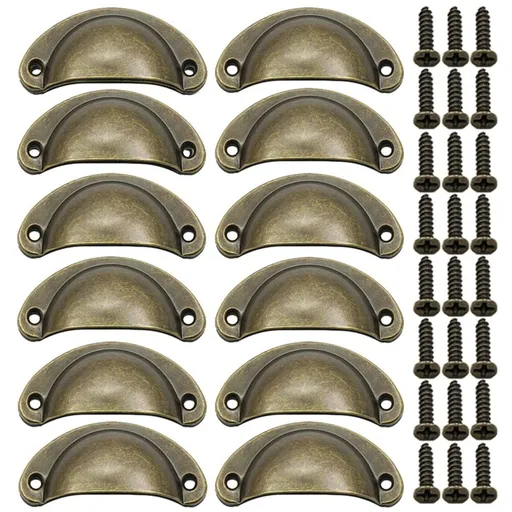 Antique Cabinet Cup Handles, 12 PCS Brass Drawer Pulls Vintage Shell Shape Knobs for Dresser Cupboard Kitchen