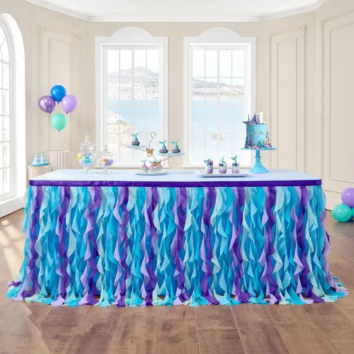 Mermaid Curly Willow Tulle Ruffle Table Skirt for Baby Shower,Baby Shark Birthday Party,Tutu Rectangle Table Skirt 6 ft