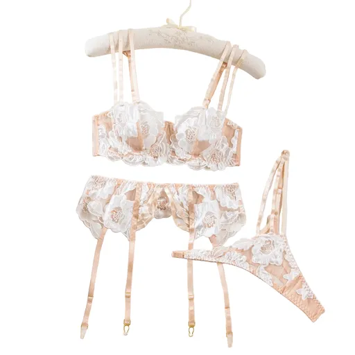 House Of Dasein Sexy Sheer Lace Embroidered Hollow-Out Shapewear Erotic Lingerie Garter Belt Three-Piece Set - White - Xl