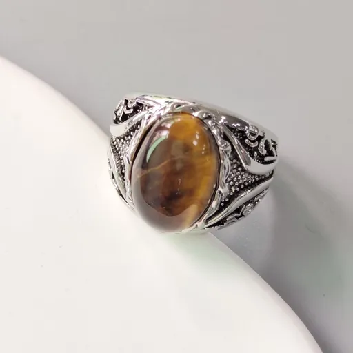 Natural Engagement Ring for Women, Ring Round Gemstone Moss Agate Ring Vintage Oval Gemstone,Jewelry Scrollwork Setting