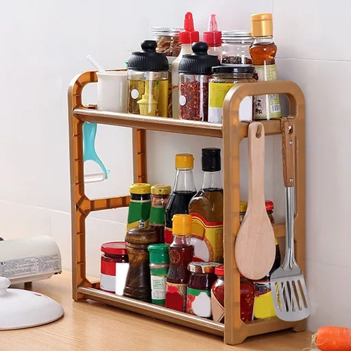 Double Tier Kitchen Organizer Spice Rack and Knife Storage Holder Plastic Base Coffee 41x38x15cm