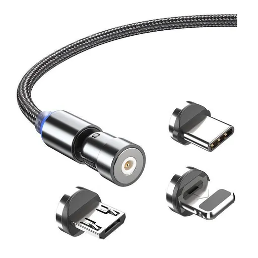 3in1 Fast Charging Cable with Rotating Head for USB C iOS Micro USB Devices - 1M