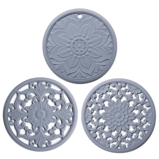 Elegant Floral Silicone Trivet Mat Set (3-Pack, Grey) - Heat Resistant, Non-Slip Kitchen Hot Pads & Pot Holders