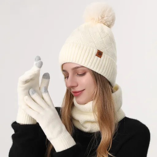 Women's Fashionable Winter 3-Piece Set: Knit Hat, Scarf, and Gloves. A must-have for outdoor skiing and cycling - Off-White