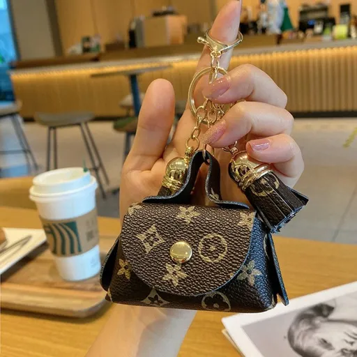 Mini Printed Leather Coin Purse with Tassel Keychain and Earphone Storage Pouch—Brown