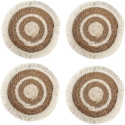 Boho Round Grass Tassels Placemats Set of 4, Rustic Weave Tablemats, Farmhouse Concentric Circle Braided Macrame Décor for Kitchen Dining Table,（33cm）