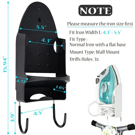 Ironing Board Hanger Wall Mount Electric Iron Holder Ironing Board Rack Household Bathroom Shelf - for Max 5 inch Width - Black