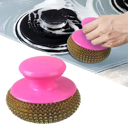 4Pcs Yellow/Green/Purple/Blue PET Scrubber Balls with Handle, 8x6cm Each, Detachable for Cookware (1 set of 4)