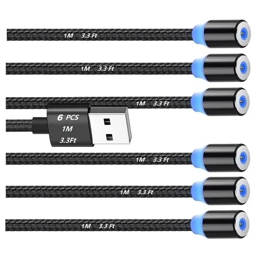 Magnetic Charging Cable 6pcs,Just 360°Rotate Magnetic Cables Without Magnetic Charging Tips,[3.3ft/1m,2.4 A Max 3in1 Nylon Braid Cord(3.3ft/Black), 6PC/3.3ft/Black