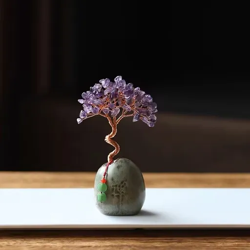 Natural Crystal Wealth Tree Feng Shui Decor 12cm Elegant Purple Office Desk Ornament