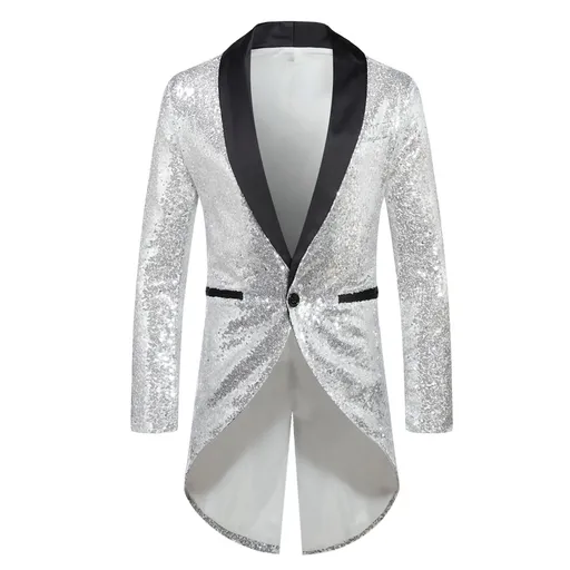 Men Sequin Suit One Button Casual Polyester Silver