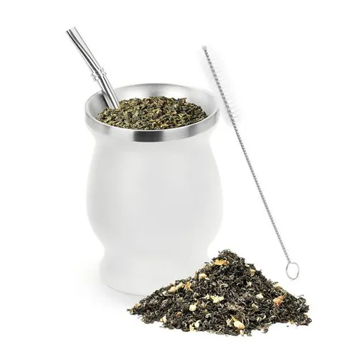 Natural Gourd/Tea Cup Set White (Original Traditional Cup - 8 oz) | Includes 2 (Straws) & Cleaning Brush | Stainless Steel