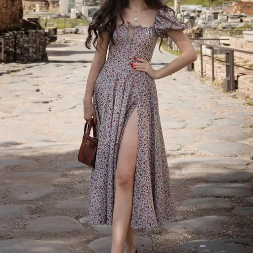 Hongyi Floral Long Dress Summer 2026 Grey Size: S; Height (cm): 155-160; Weight (kg): 45-50; Bust (cm): 82-86; Waist (cm): 66-70; Shoulder width (cm): 37; Length (cm): 58