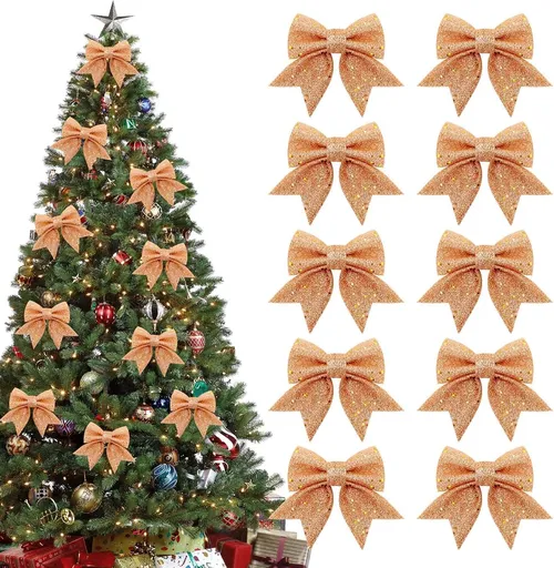 10 Gold Christmas Bows - 12 x 15 cm - Glitter - Christmas Decoration Bows - Christmas Ornaments - Christmas Tree Decoration - Christmas Bows - Christmas Atmosphere - Christmas - For Christmas Party, Christmas Tree, Indoors, Crafts