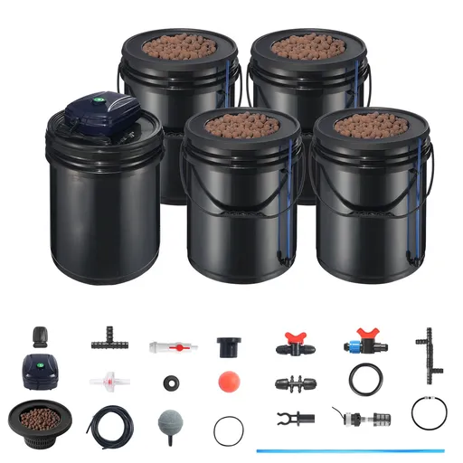RDWC Hydroponics Grow System, Hydroponic Growing Kit with Top Drip, Recirculating Deep Water Culture 4 Buckles and 1 Reservoir, with Air Pump and Water Level Device for Leafy Vegetables