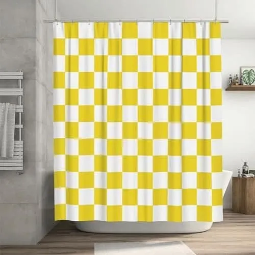 Checkered Shower Curtain 180x180 cm, Retro Chess Pattern Vintage Aesthetics for Bathroom, Yellow