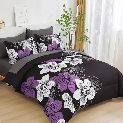 Black Purple Hibiscus Bloom Comforter Quilted Doona Set