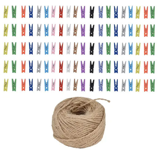 100PCS Wooden Clip Mini Color Wood Clip Birch Card Photo Clip with 10m Rope for Home Festival Decoration