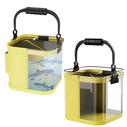 9.4*9.4*9.4in Foldable Fishing Bucket, Easy Water Hauling and Live Fish Bait, Portable Fishing Container for Camping, Fishing, Outdoors - Yellow - Size 9.4in