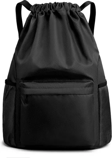 Waterproof Drawstring Gym Bag with Wet Dry Compartment, Lightweight Sports Backpack for Yoga, Dance and Travel, Black, Small, 41.9 cm