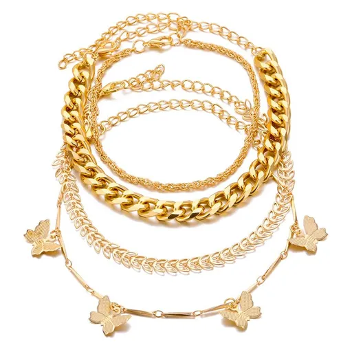 Layered Stacking Link Chain Butterfly Honeycomb Bracelet Bangle Set Paperclip Rhinestone Bead for Women Girlfriend