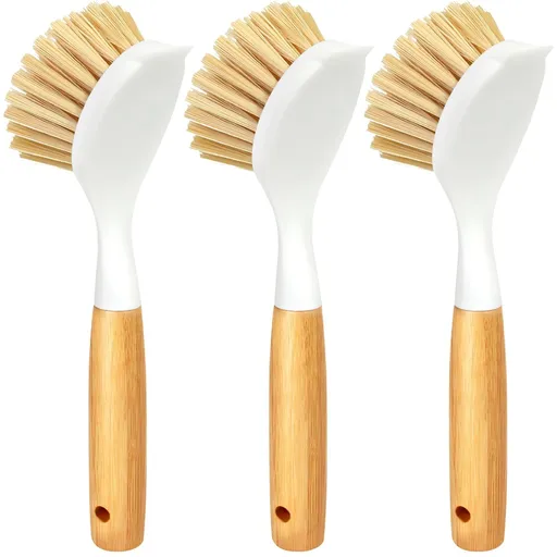 3 Pack Dish Brush Set with Bamboo Handle, Kitchen Scrub Brush for Cleaning Pot, Pan, Sink and Stove, Scrubber with Yellow