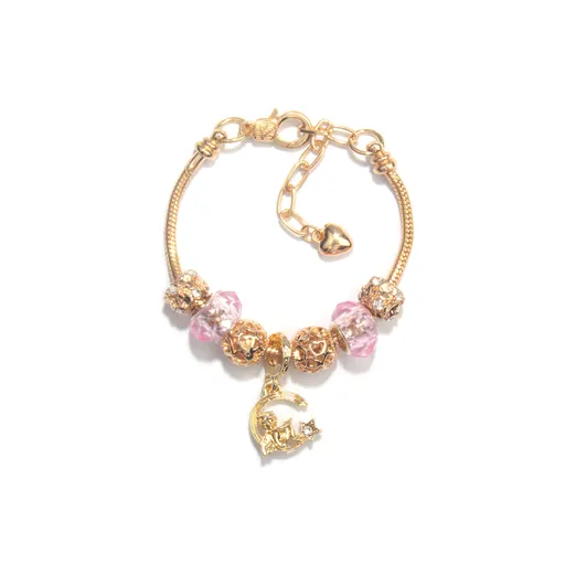 Sweet Style Crystal Rhinestone Gold Star Moon Pendant Cute Pink Bead Bracelet(18cm)