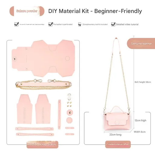 Pink Leather Bag DIY Kit – Geometric Shoulder Bag Making Material Set with Pre-Punched Cowhide, Tools for Hand Stitching