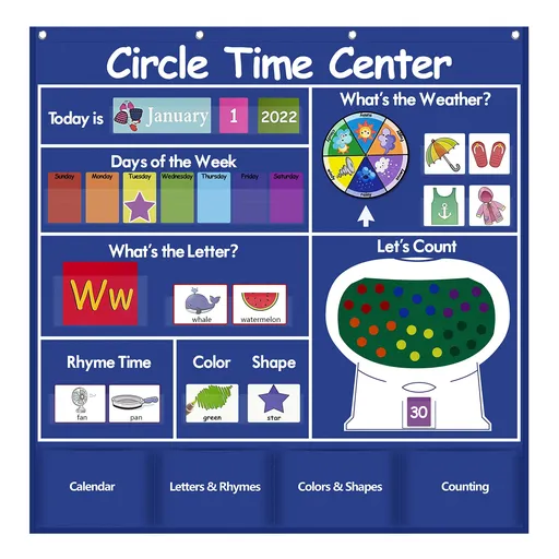 Learning Center Pocket Chart, Heavy-Duty Kids Calendar for Classroom, Educational Pocket Chart Learning Calendar Weather (Blue)