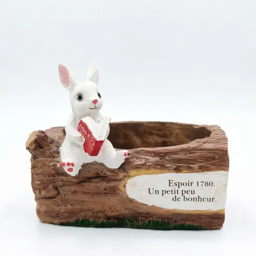 Whimsical Resin Bunny Planter - Cute Rabbit with Book on Tree Stump Design, Mini Succulent Pot for Indoor & Outdoor Garden Decor