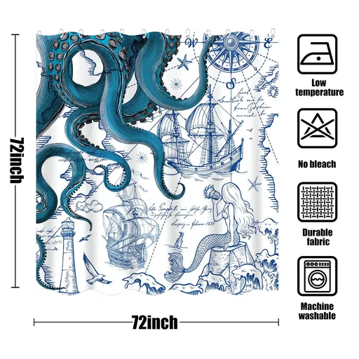 Blue Nautical Octopus Shower Curtain Navy Mermaid Funny Ocean Kraken Shower Curtains for Bathroom Cool Anchor (Blue, 72” x 72”)
