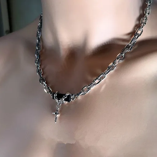 Men's Alloy Cross Chain Necklace Black Geometric Design with Winding Forest Awn Star Pendant
