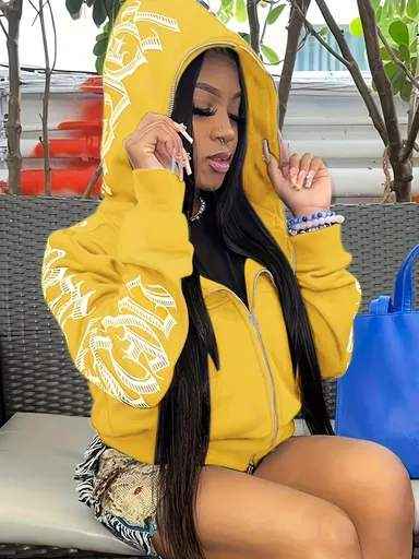 Y2k Hoodie Gothic Streetwear Women'S Zip-Up Jacket Letter Print Hoodie - Yellow - Size L(AU L/EU50)