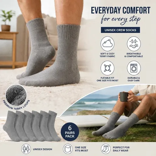 Light Grey Warm Fleece Terry Wool Socks Adult Unisex Loose Top Winter Socks 6 Pairs