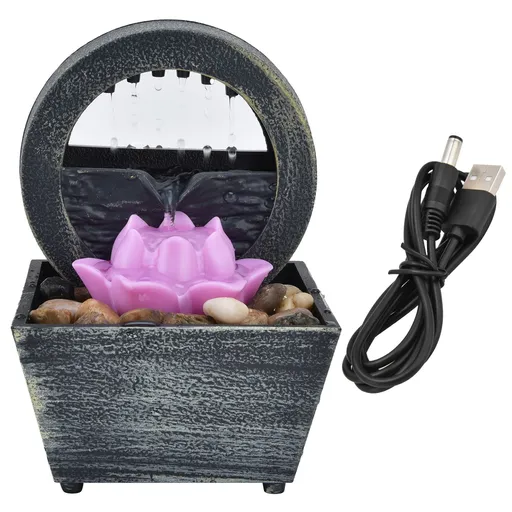 3V USB Plastic Flower Water Fountain LED Tabletop Fountain with Stones for Home Office Table Decoration