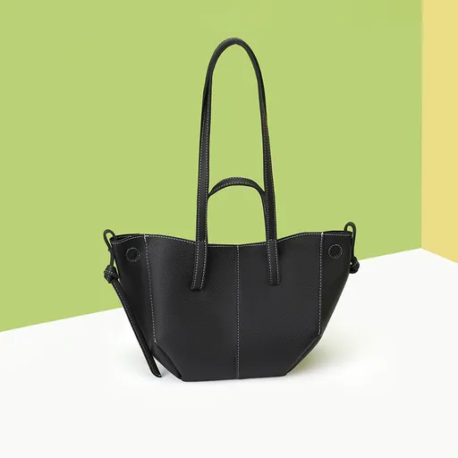 Black Chic Minimalist PU Leather Tote Bag - Women's Versatile Shoulder Handbag with Contrast Stitching