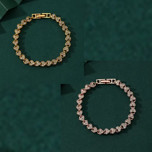 2-piece Aureate and Rose Gold Luxury Crystal Heart Tennis Bracelet - European Roman Style Pave CZ Diamond Link Chain - Elegant Gold Silver Rose Gold Plated Fashion Jewelry for Women