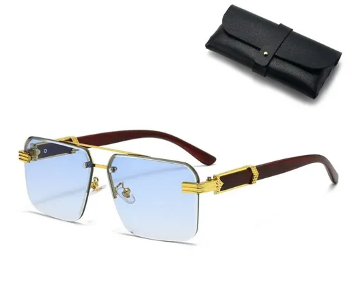 Square Rimless Diamond Cut Sunglasses with Black PU Leather Storage Case - Gold Frame Wood Grain Blue Sunscreen Glasses for Men & Women