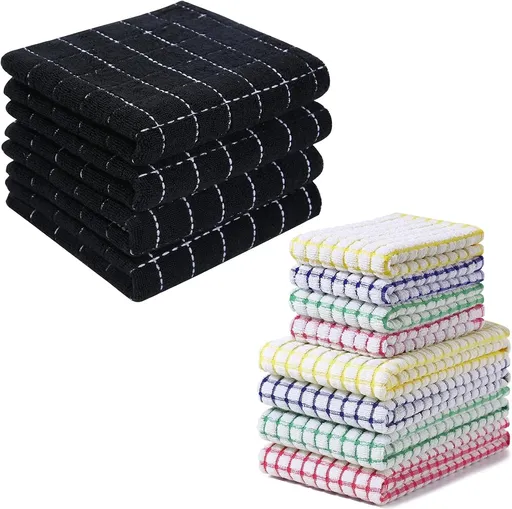 Homaxy 100% Cotton Terry Kitchen Towels(13 x 28 inches, 4 Pack, Black), Kitchen Towels and Dishcloths Set (16 x 25 and 12 x 12 Inches, 8 Pack, Blue/Yellow/Red/Green)
