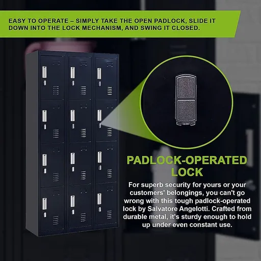 12-Door Steel Locker – Black, Padlock-operated