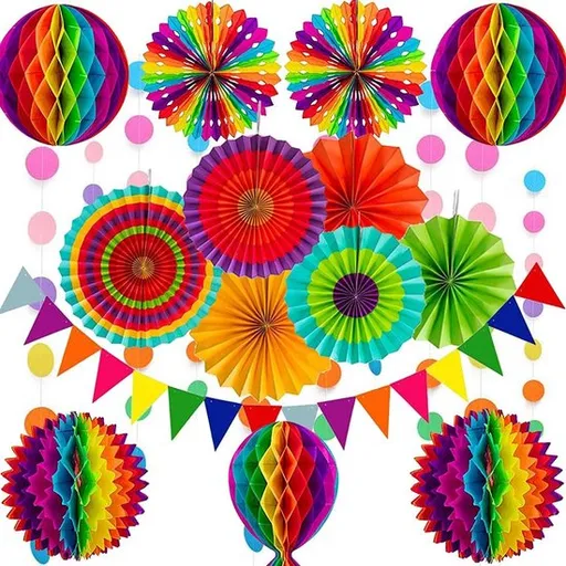 Rainbow Party Decoration Set - Complete with Paper Fans, Honeycomb Balls & Streamers - For Birthdays & Weddings