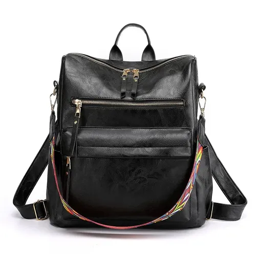 Vintage PU Anti-theft Backpack, Large Capacity Multi-pocket Casual Bag with Colorful Wide Shoulder Strap(black)