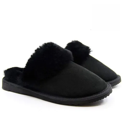 Sheepskin Wool Womens Slippers Scuffs Slip On Winter Ugg Slippers in Black