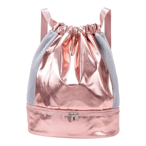 Drawstring Swim Bag Oxford Sports Backpack with Shoe Compartment - Pink