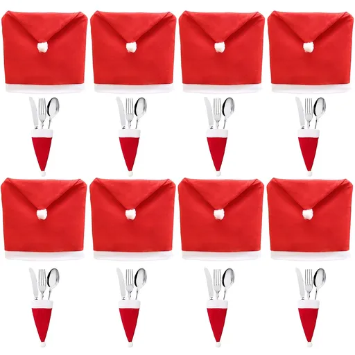 Christmas Decoration 16-Piece Set: Festive Chair Covers and Mini Santa Hat Utensil Sleeves for Holiday Dinner Parties, Table Decor, and Wine Bottle Accents (Red)