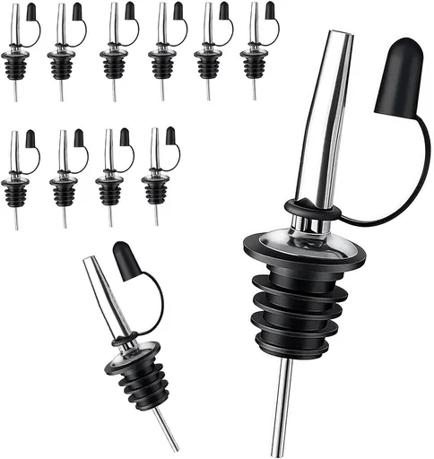 12 Pack Leak-Proo Dust Cap Wine Pourers,Stainless Steel Bottle Pourers or Alcohol, Olive Oil & Syrups- ast, Controlled Pouring,Bar & Home Kitchen Accessories